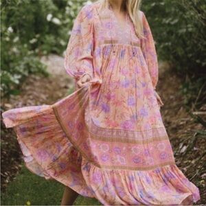 Spell & The Gypsy Butterfly Boho Maxi Dress Long Sleeve Floral Size Small